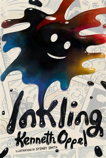 A blue, red, yellow and black, orange ink splotch with a smiley face with the words Inkling and Kenneth Oppel in ink over top of a black and white comic book.