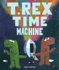 A green and a brown T-rex in front of a time machine.