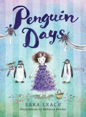 Little girl in a fancy purple dress surrounded by penguins and a basket full of flower petals.