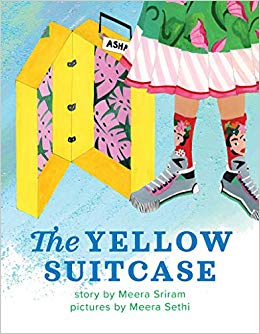 Illustrations of an opened yellow suitcase with purple flower lining and legs of a girl wearing a dress and faces on her socks and sneakers.