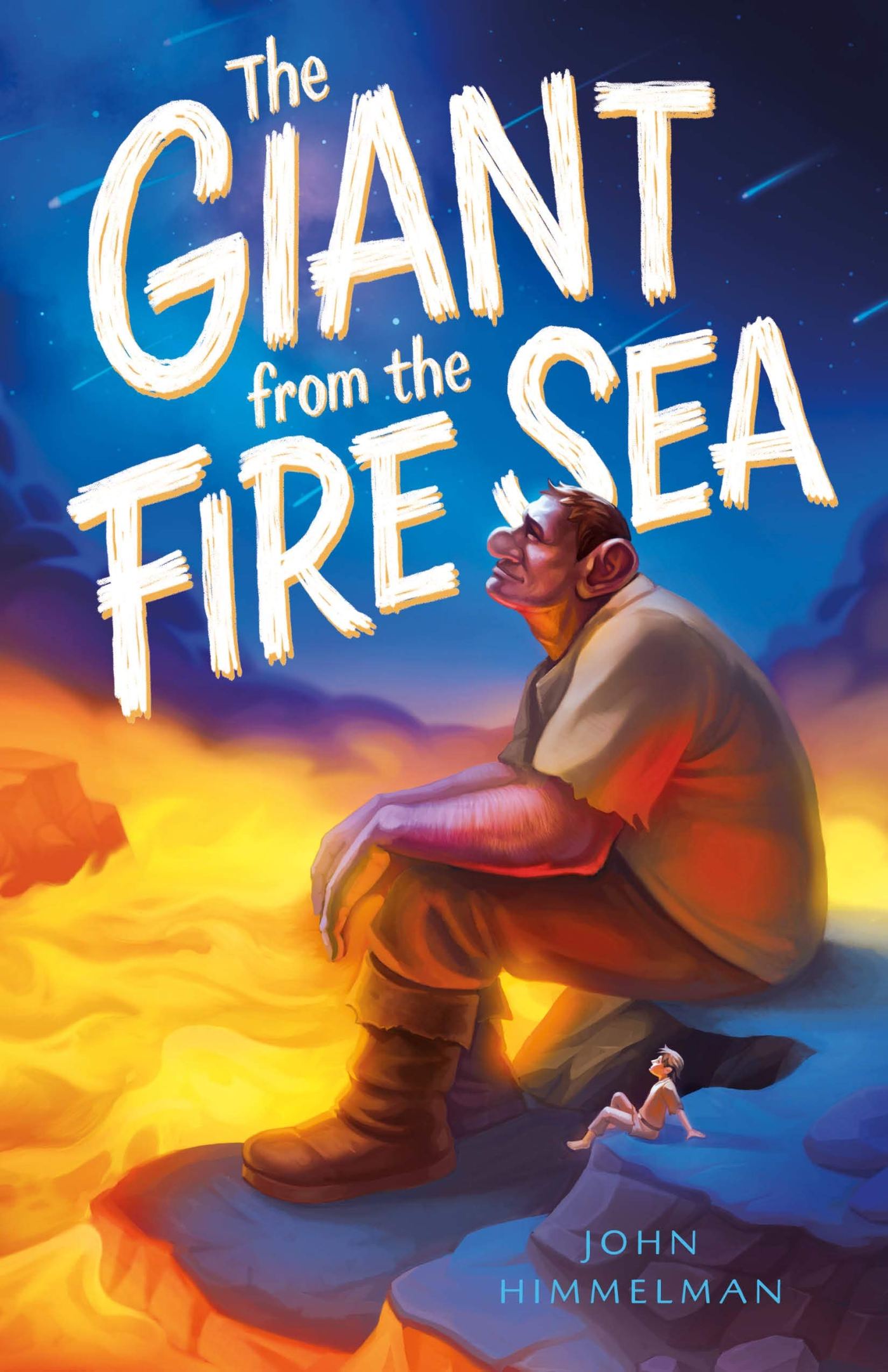 Graphic of a giant looking at the falling stars beside a boy in front of a sea of fire.