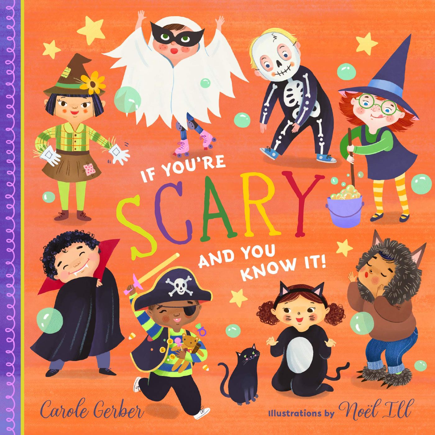 Front cover image, bright colours, lots of kids dresssed up as various Halloween creatures