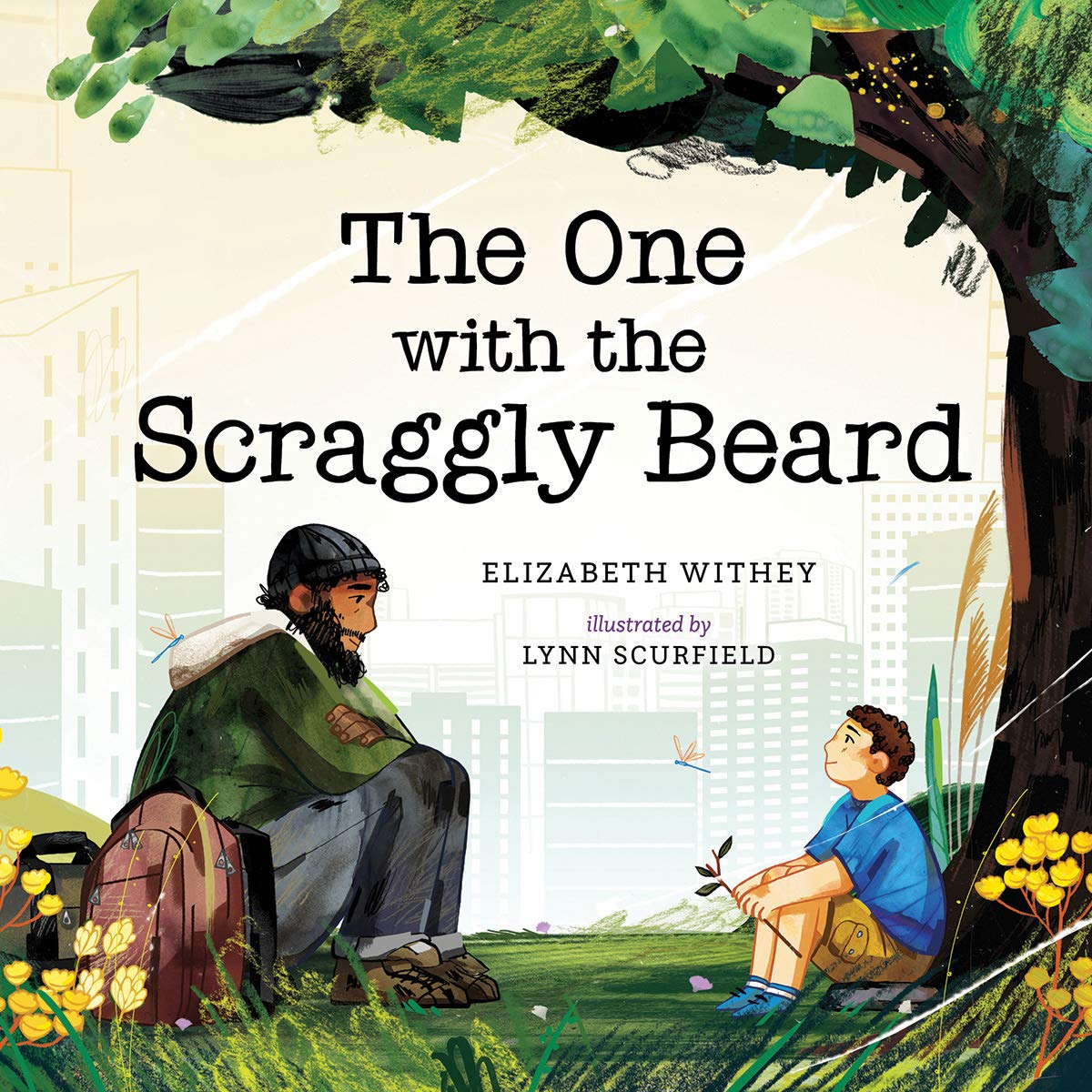 Front cover image of The One with the Scraggly Beard of a brown man sitting on a log with his backpack beside him talking to a boy under a tree