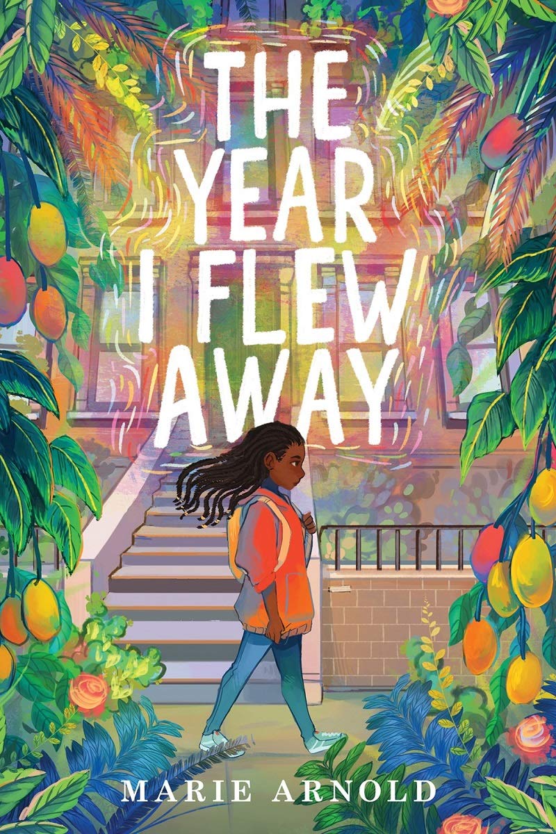 Front cover image of The Year I Flew Awayof a little black girl in a colourful jacket walking by a colourful house wiht fruit trees
