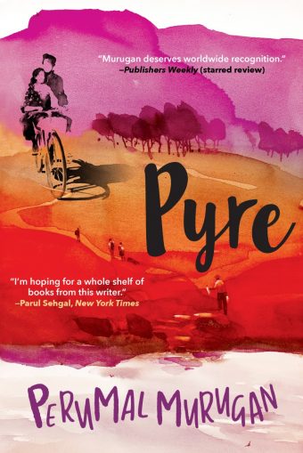 Front cover image of Pyre of a woman riding in front a bike being pedalled by a man in mountains and hills in pinks, oranges and reds