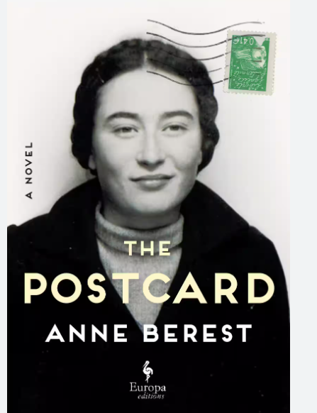 Front cover of The Postcard of a black and while head and shoulder picture of a woman with a green upside down stamp on it.