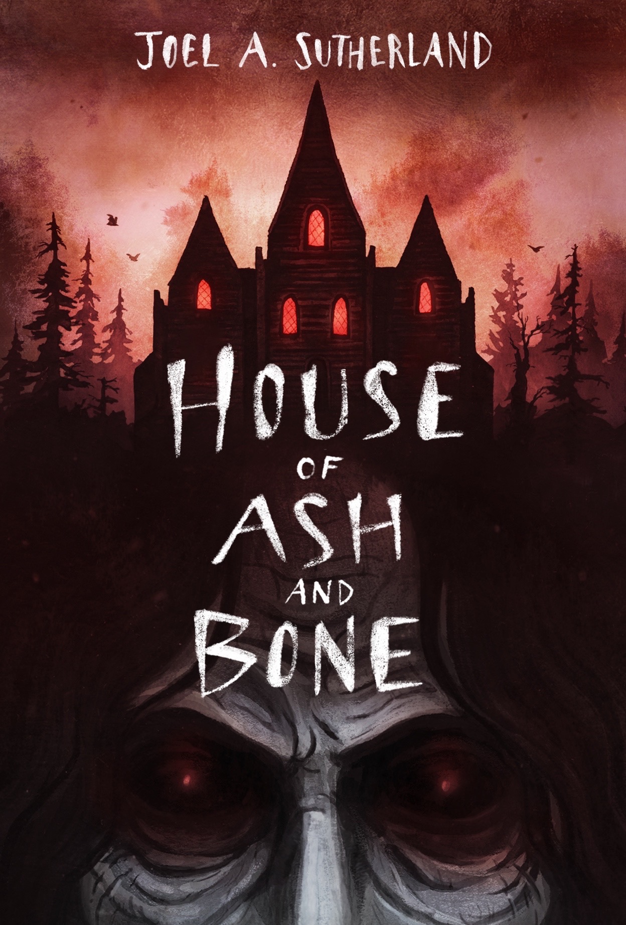 Front cover image of House of Ash and Bone house in a silhouette in front of a red sky with a woman with no eyes, grey skin in the foreground