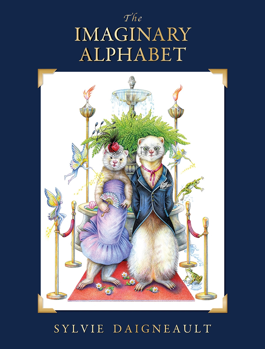 Front cover image of The Imaginary Alphabet with a blue background with an imagine of white weasels in fancy clothing walking down a red carpet