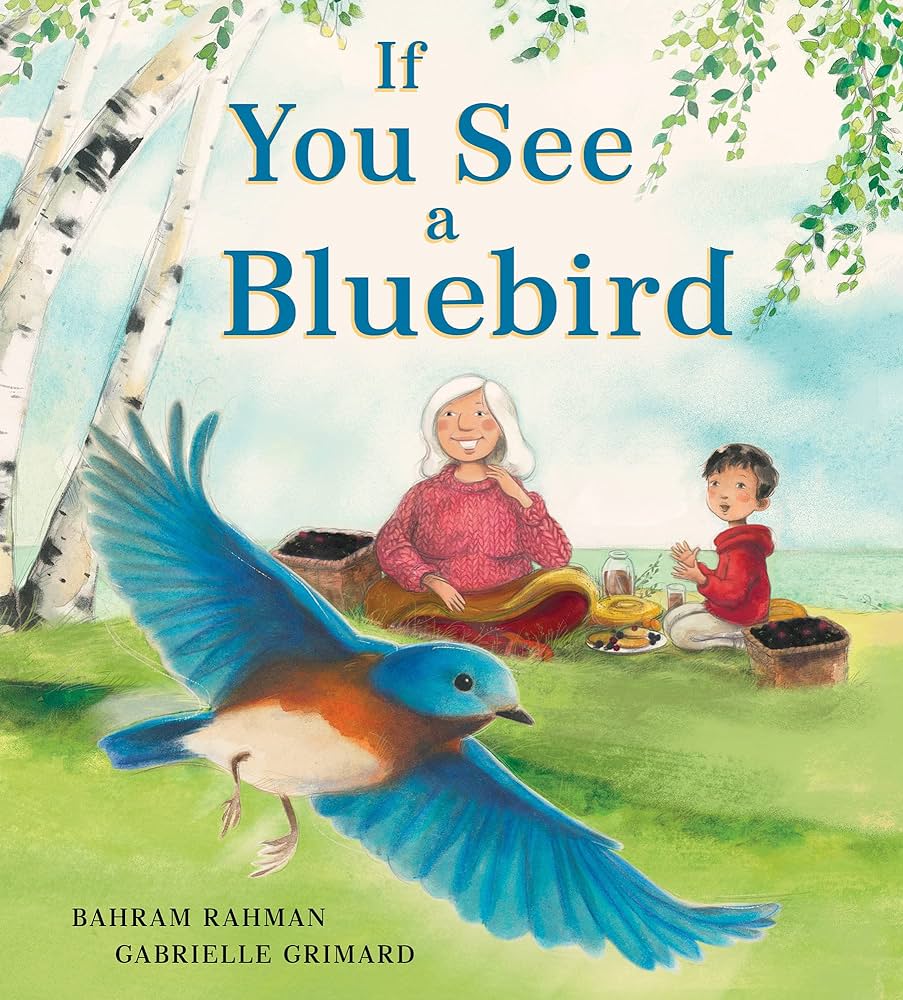 Front cover image of If you See a Bluebird of an older woman with white hair and a young boy sitting on the grass enjoying a picnic and surrounded by birch trees and a flying bluebird